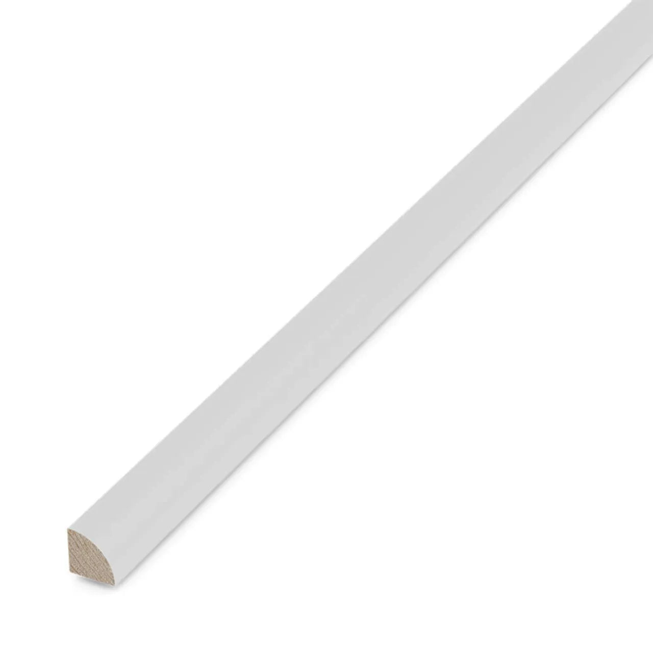The Go Build 3/4 in. x 3/4 in. x 8 ft. Quarter Round Primed Finger-Jointed Poplar trim is shown angled on a white background, with one end displaying the natural wood beneath its white paint.